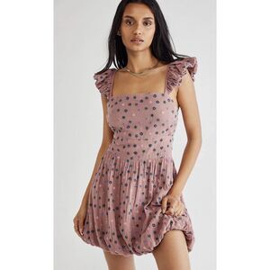 Free People Dizzy Ditsy Bubble Mini Sundress Purple Embroidery Flowers Size L